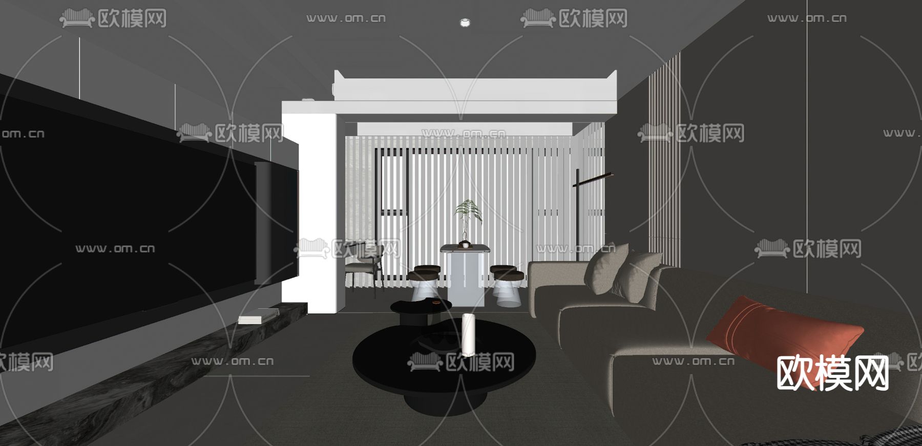 现代客餐厅su模型下载（渲染图2）