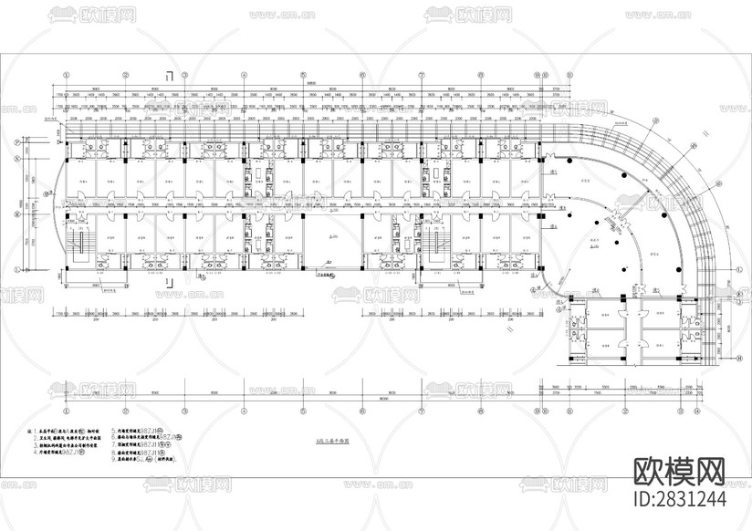 L型宿舍樓全套建筑CAD施工圖下載(渲染圖1)
