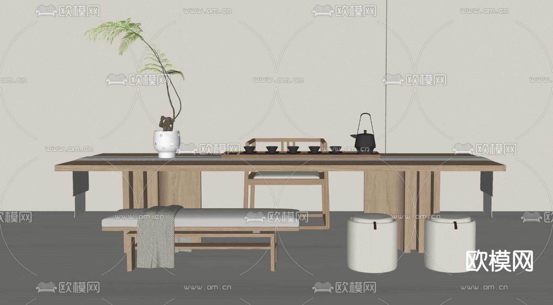 现代茶桌 茶台su模型下载（渲染图2）