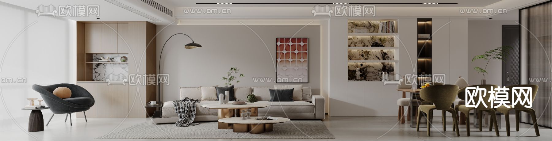 现代客厅 餐厅3d模型下载（渲染图2）