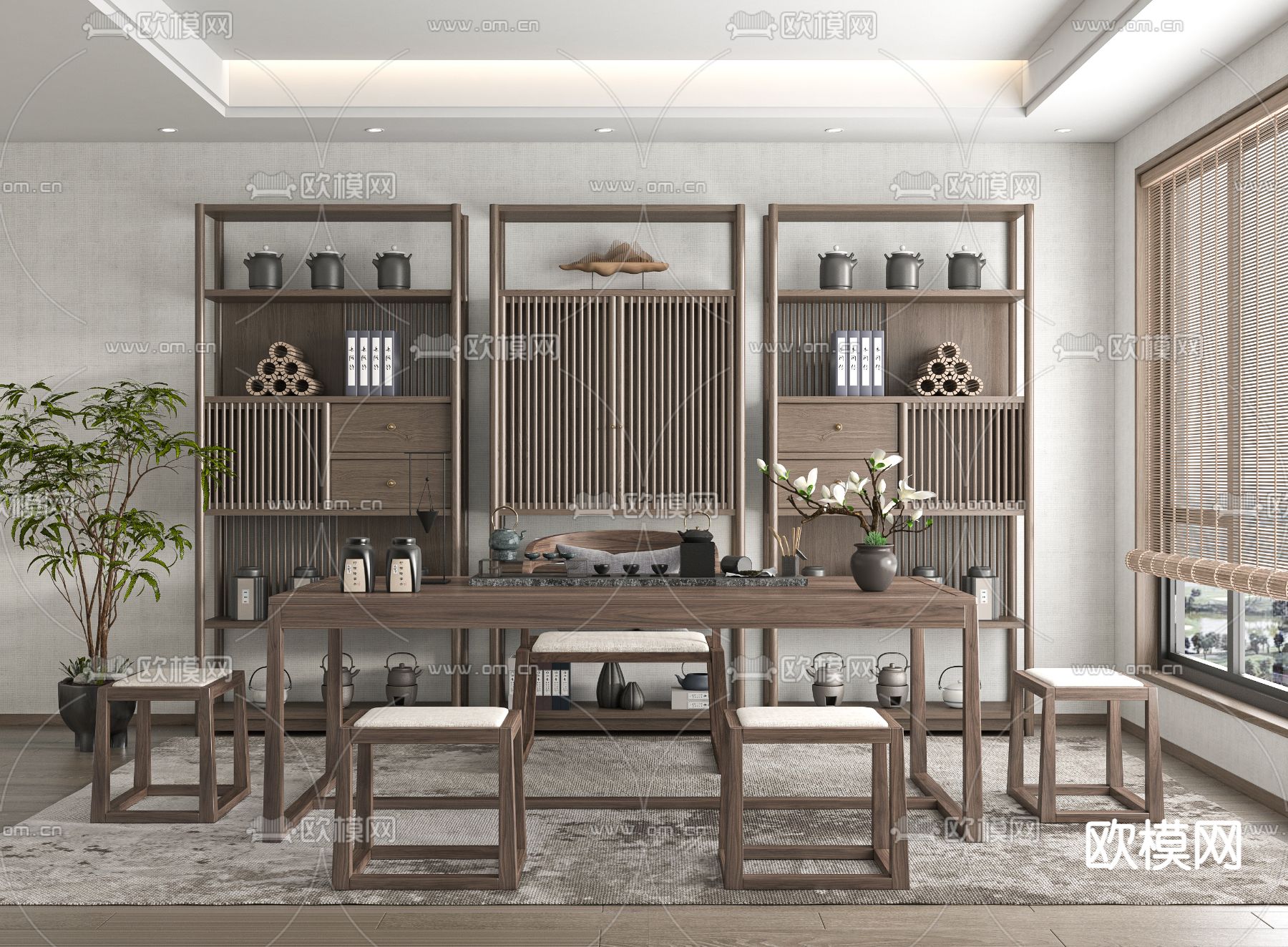 新中式茶室 博架 茶柜 茶桌3d模型下载