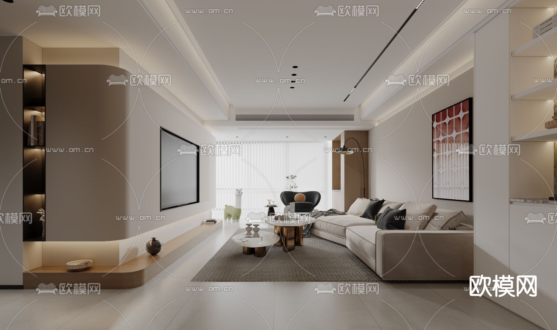 现代客厅 餐厅3d模型下载（渲染图1）