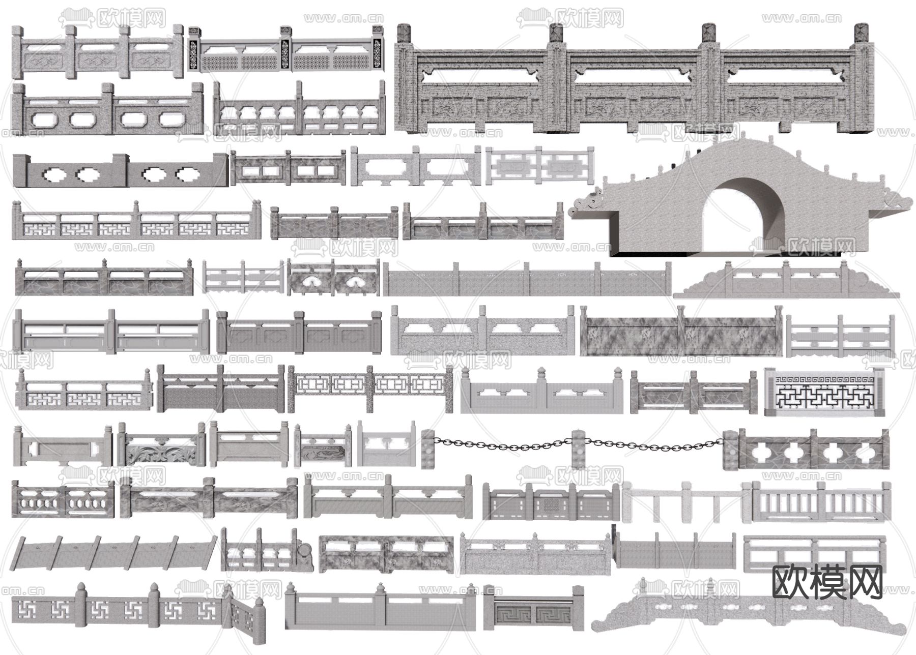 中式石杆 围栏 栏杆 护栏 石拱桥3d模型下载