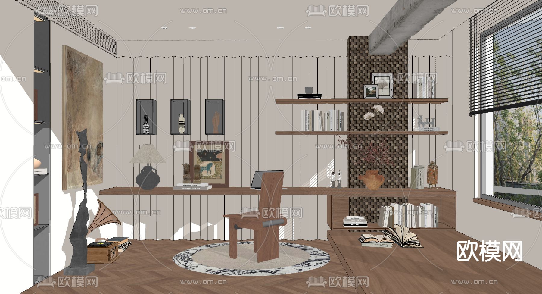 中古风书房su模型下载（渲染图2）