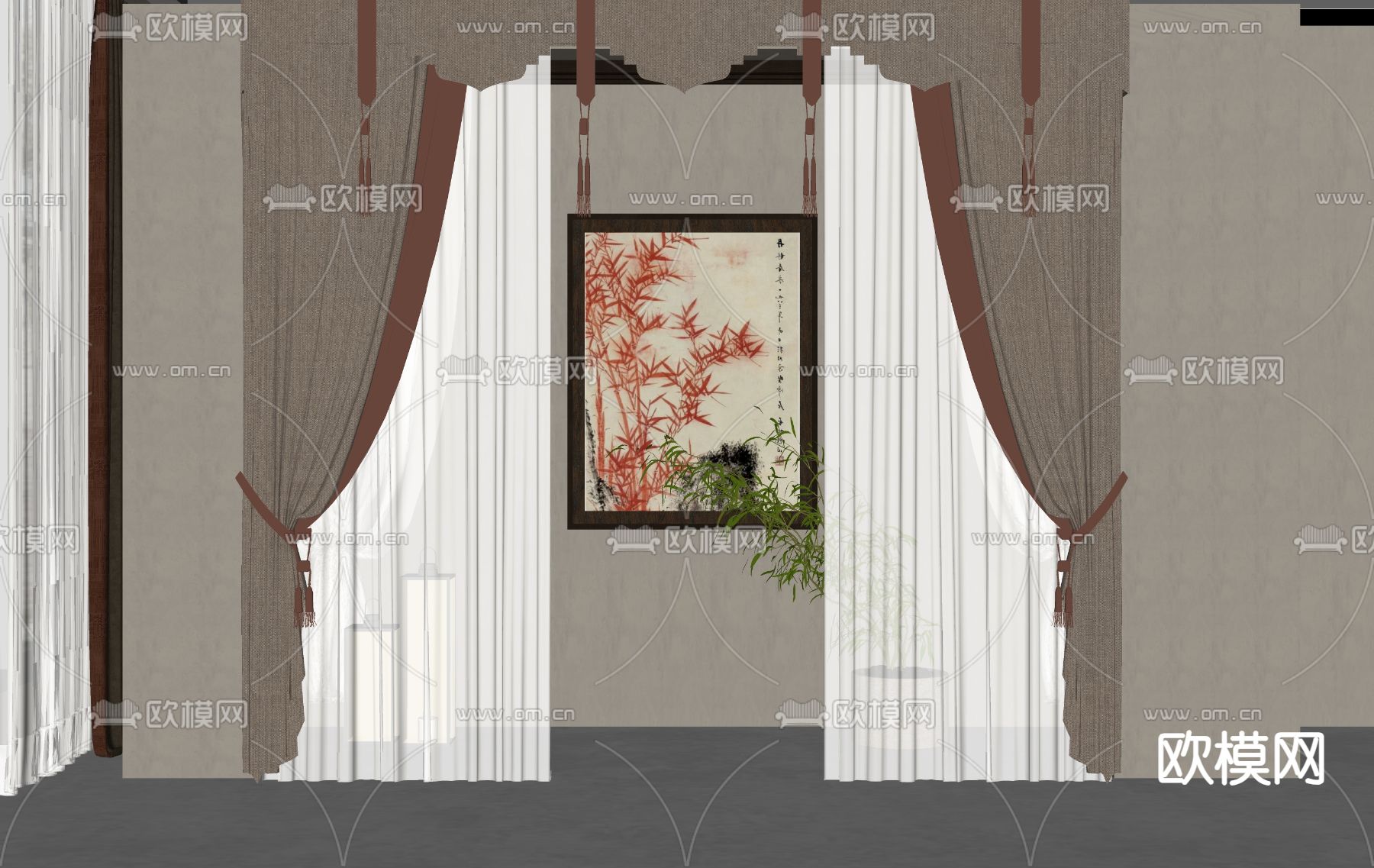 新中式窗帘su模型下载（渲染图2）