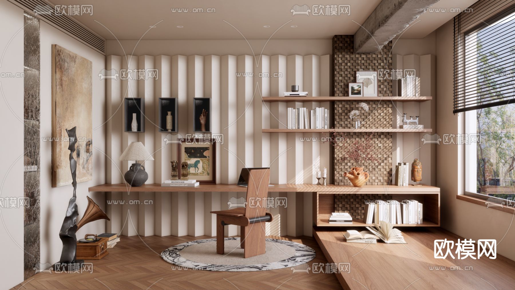 中古风书房su模型下载（渲染图1）