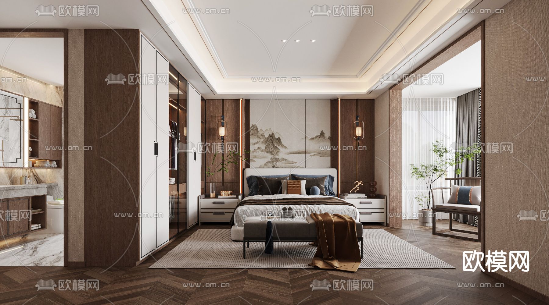 新中式卧室 主人房3d模型下载（渲染图1）
