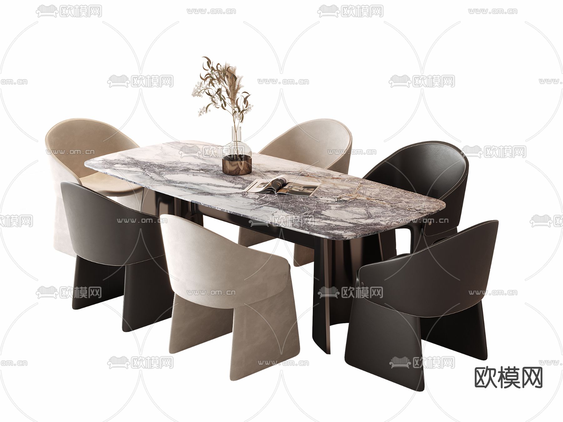 条形餐桌椅3d模型下载