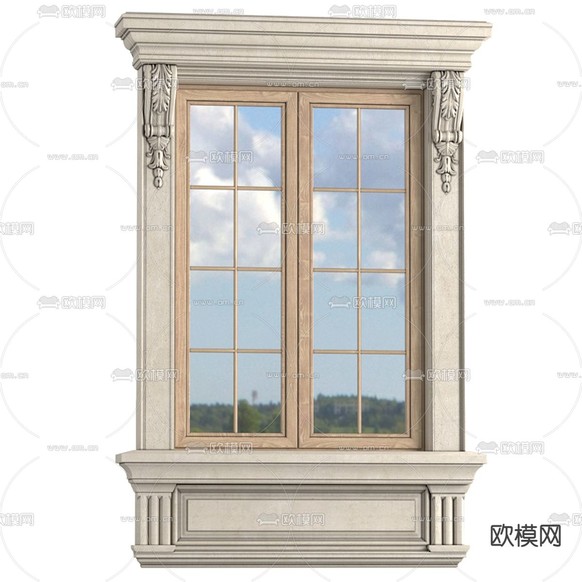 欧式窗户 雕花平开窗 木窗框3d模型下载