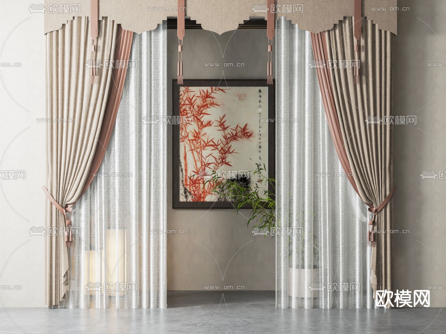 新中式窗帘su模型下载（渲染图1）