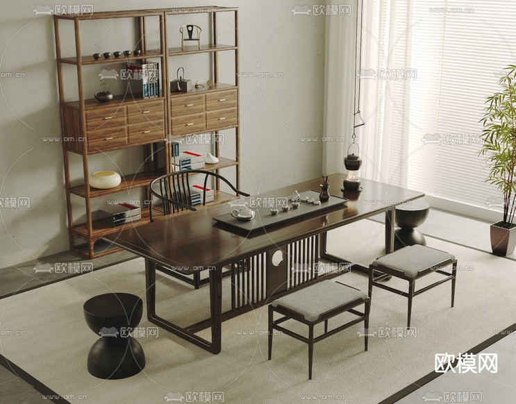 新中式茶桌 茶台3d模型下载(渲染图1)