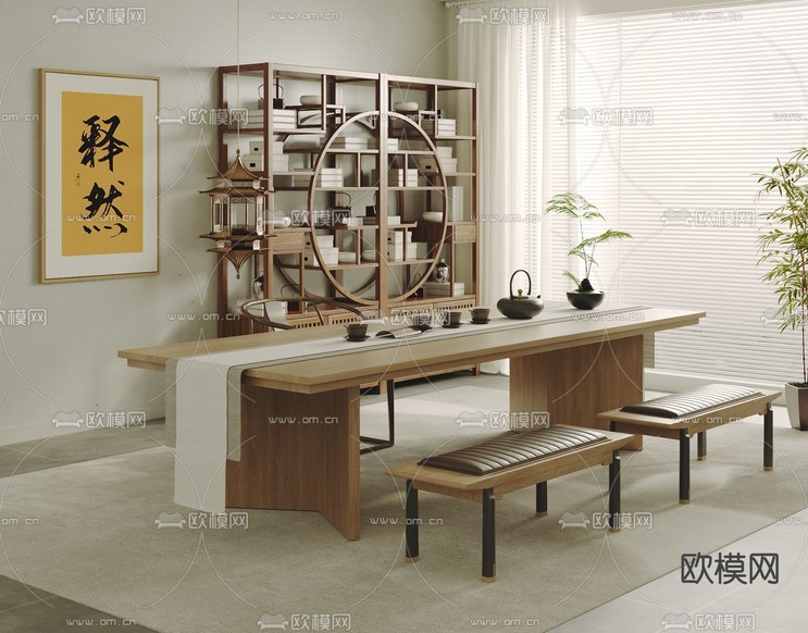 新中式茶桌 茶台3d模型下载(渲染图2)
