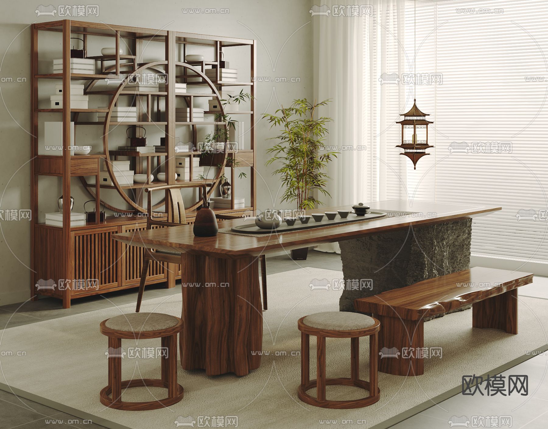 新中式茶桌 茶台3d模型下载（渲染图2）