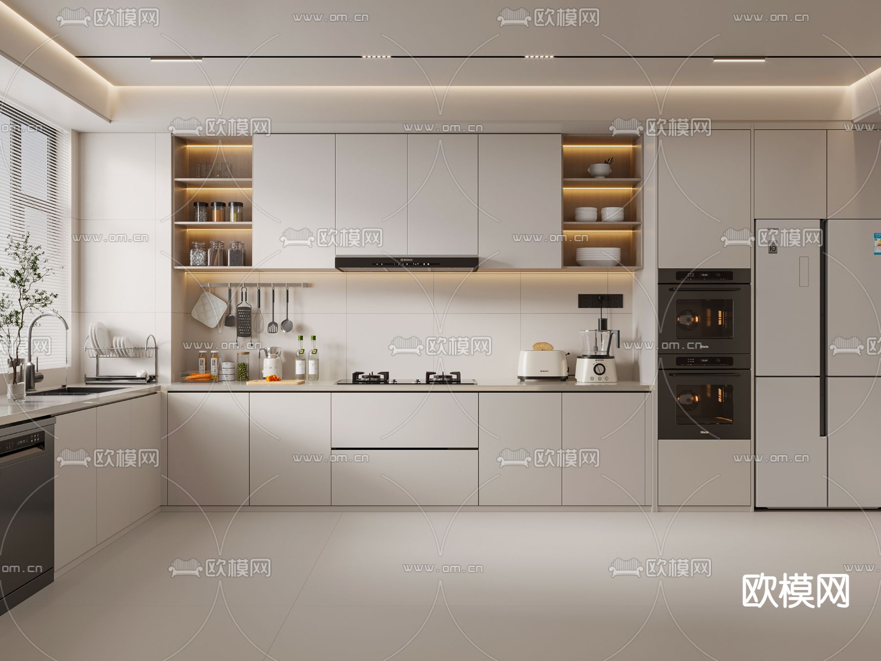 奶油风厨房 橱柜3d模型下载