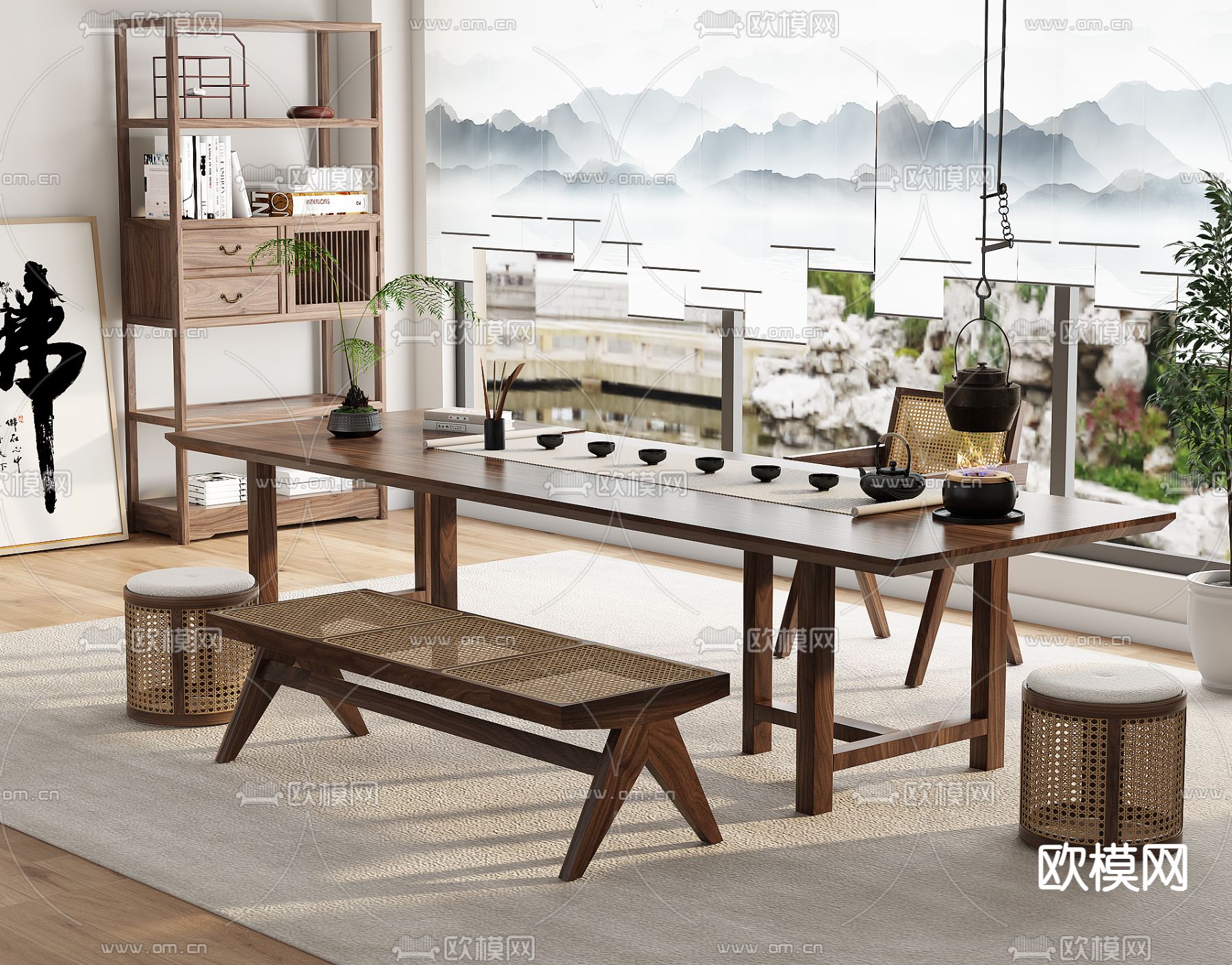 新中式茶桌 茶台3d模型下载（渲染图2）