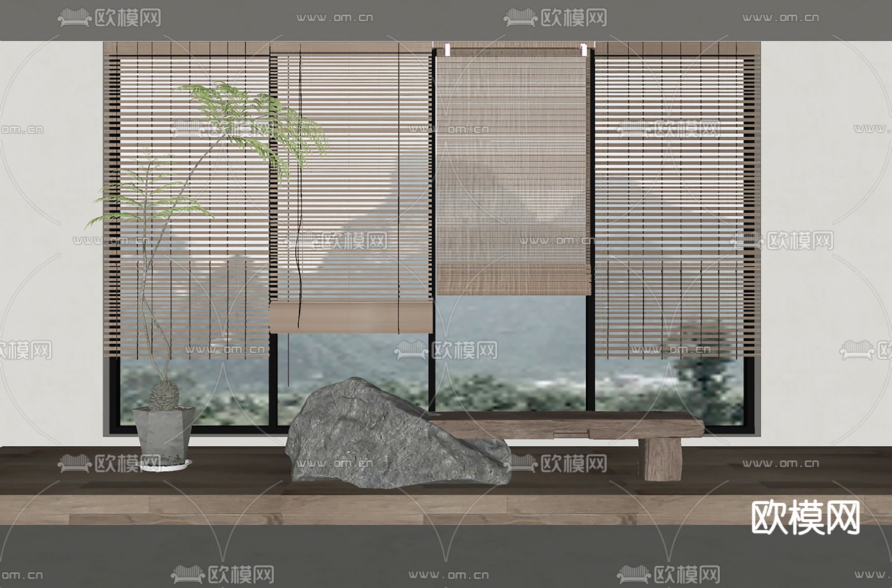 新中式竹帘 卷帘 百叶帘su模型下载（渲染图2）