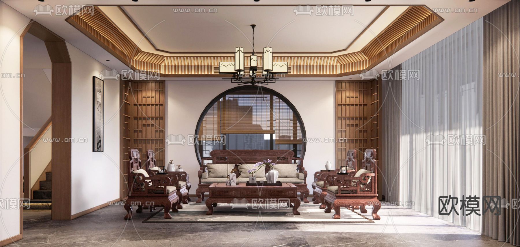 中式客厅su模型下载（渲染图1）