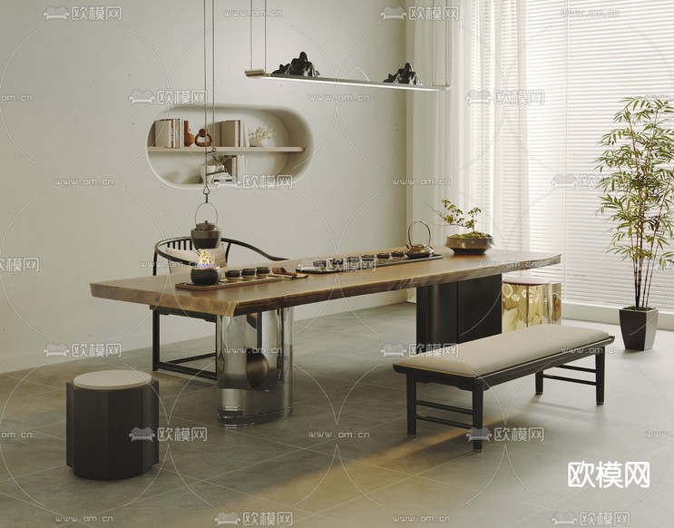 新中式茶桌 茶台3d模型下载(渲染图2)