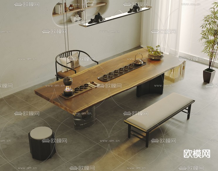 新中式茶桌 茶台3d模型下载(渲染图1)