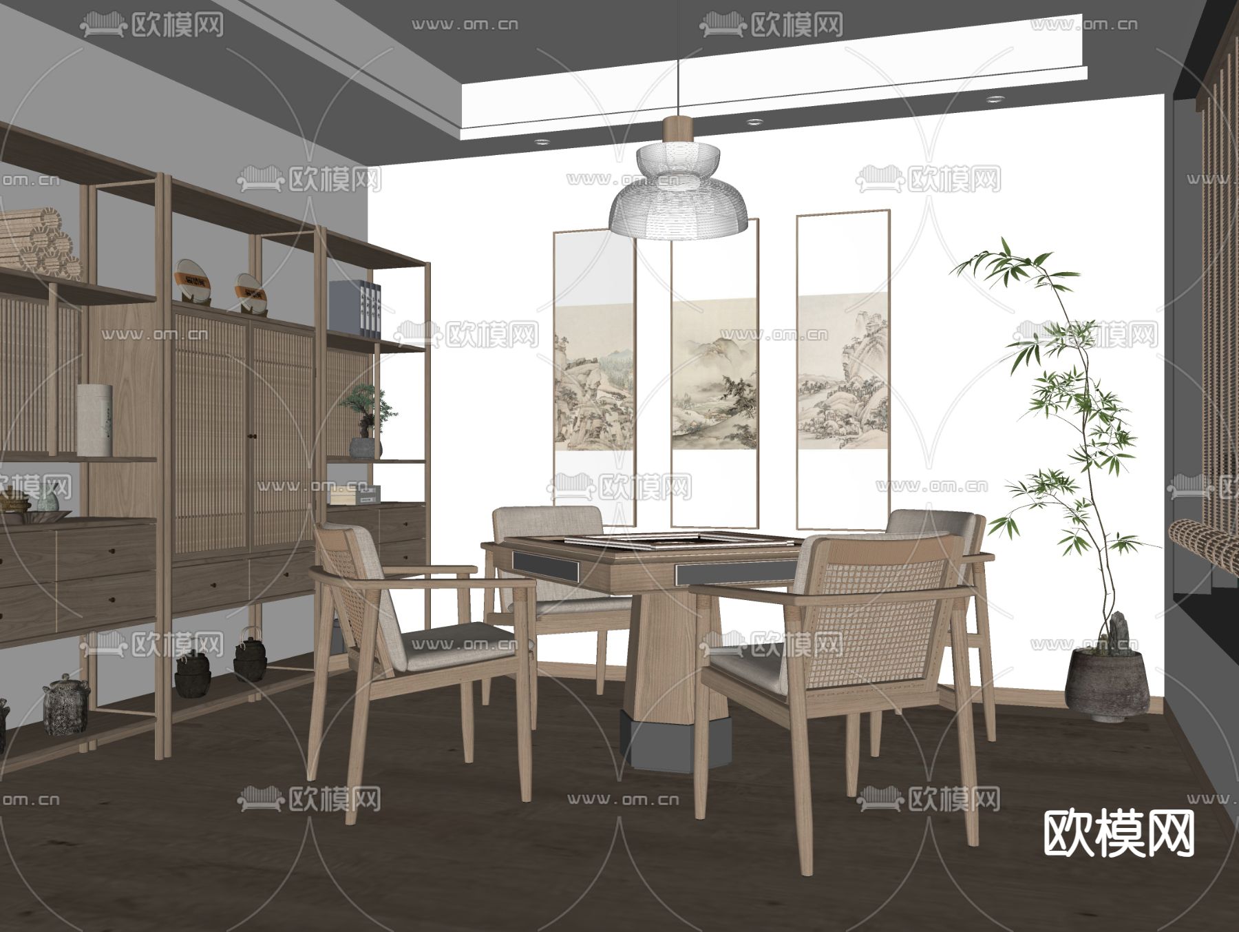 新中式棋牌室su模型下载（渲染图2）