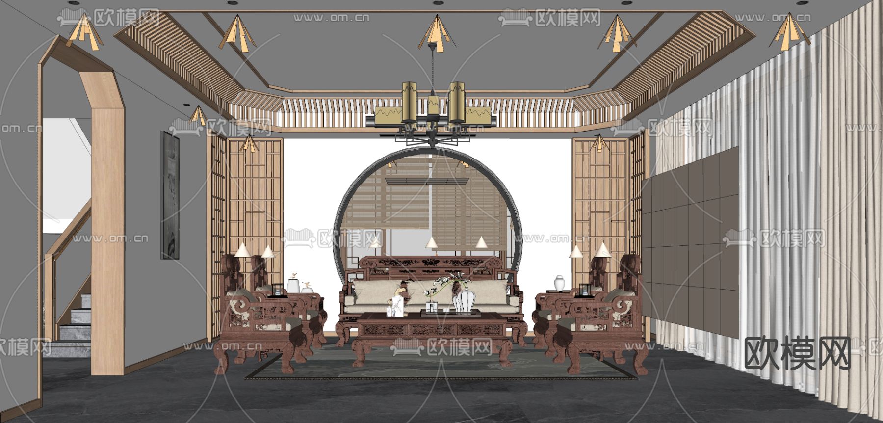 中式客厅su模型下载（渲染图2）