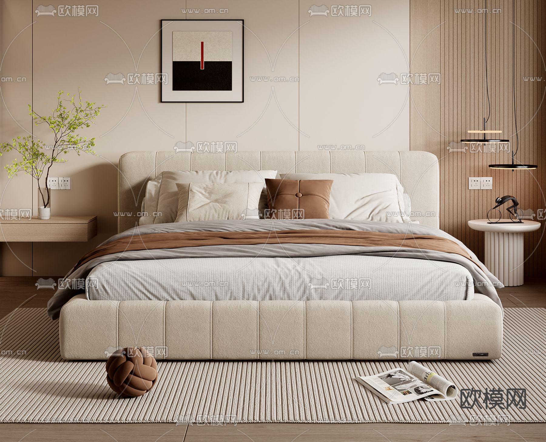 现代双人床su模型下载（渲染图1）