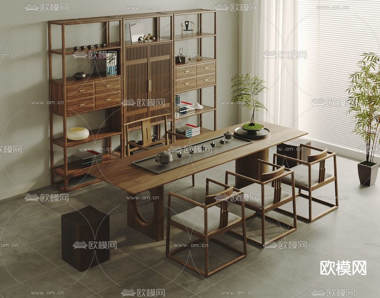 新中式茶桌 茶台3d模型下载(渲染图1)