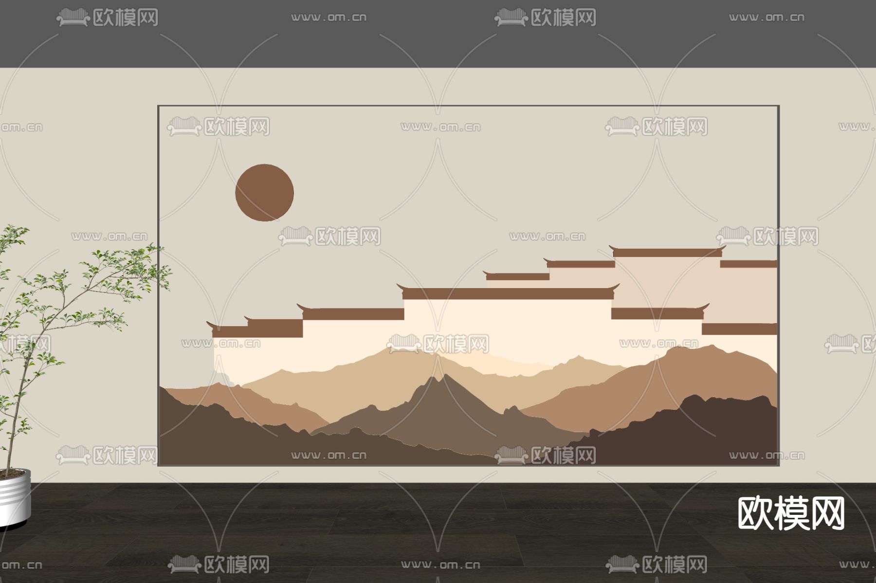 新中式山水背景墙su模型下载（渲染图2）