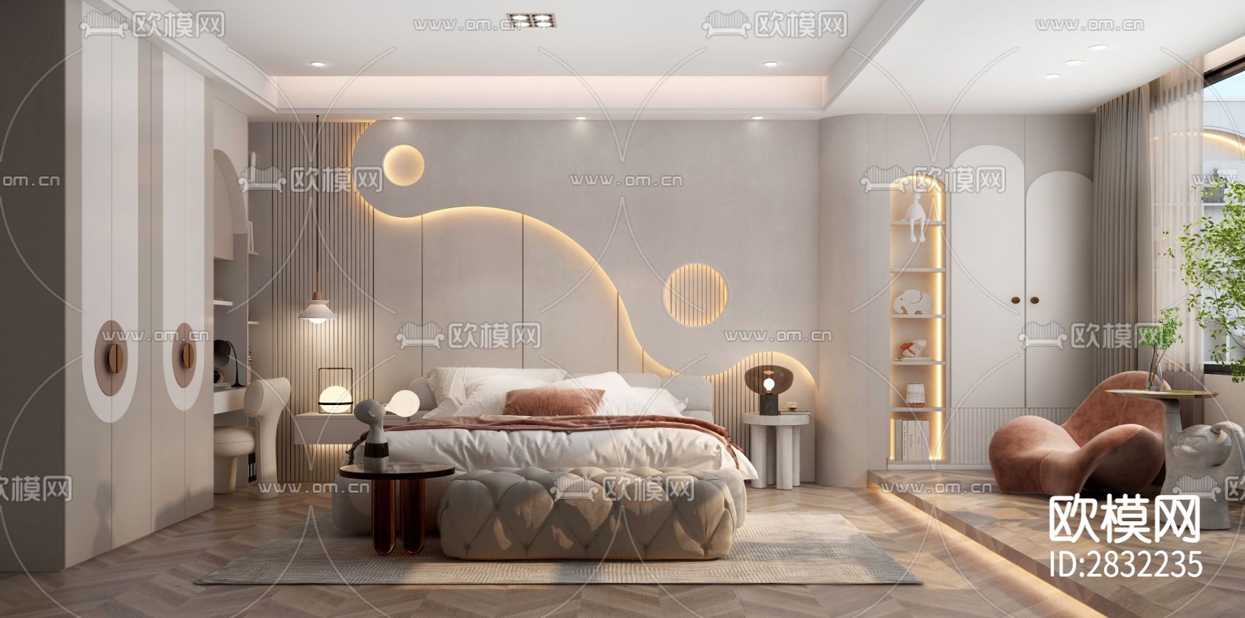 现代风卧室空间效果图cad施工图下载（渲染图1）