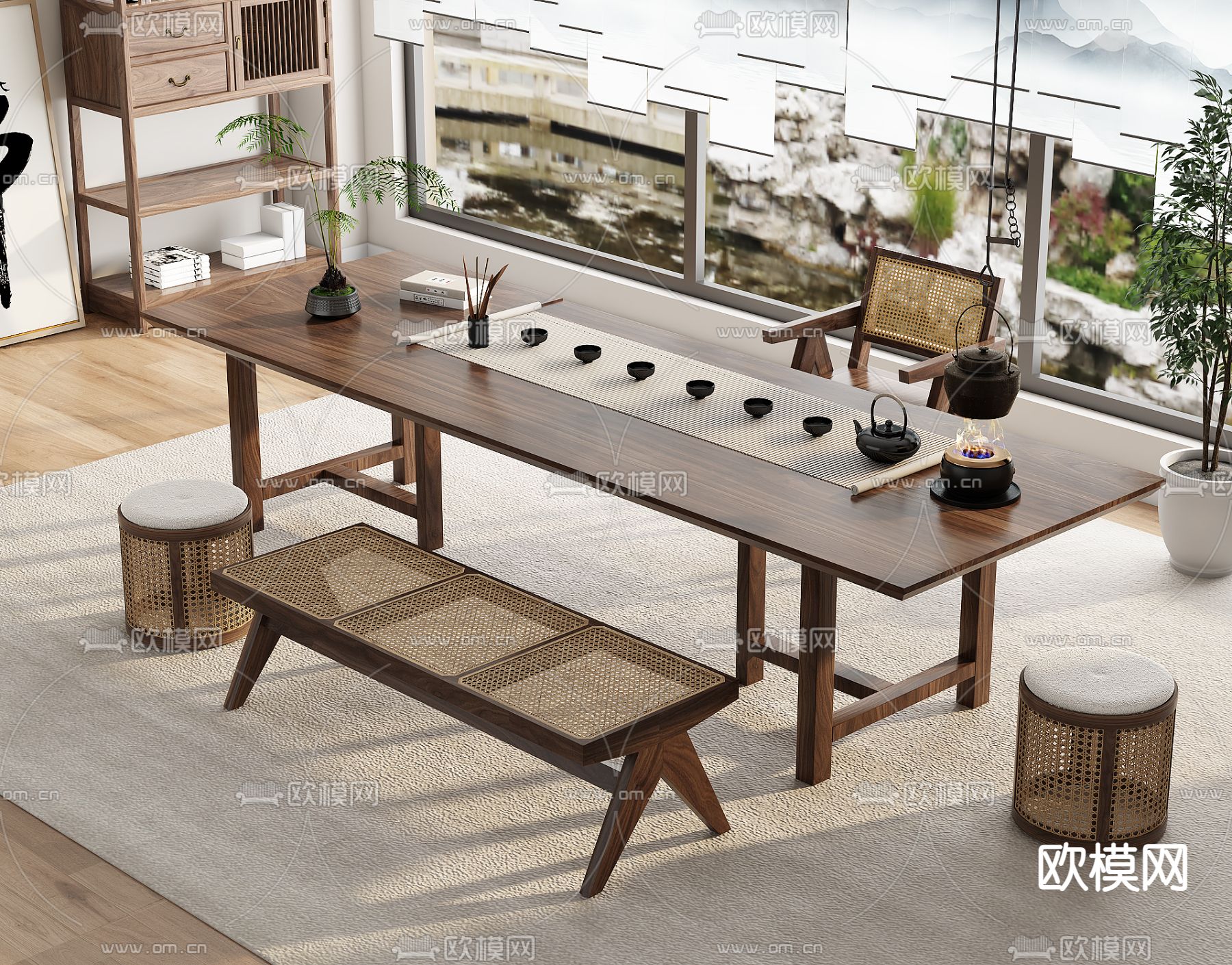 新中式茶桌 茶台3d模型下载（渲染图1）