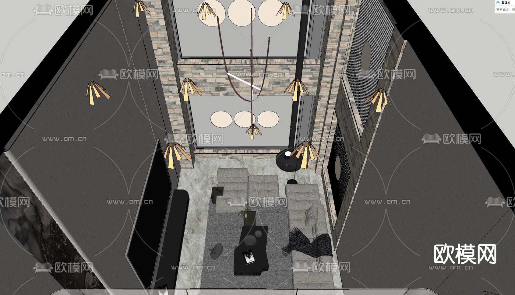 别墅挑空客厅su模型下载（渲染图3）