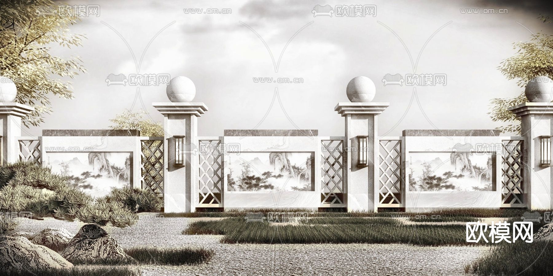 新中式景墙 围墙3d模型下载