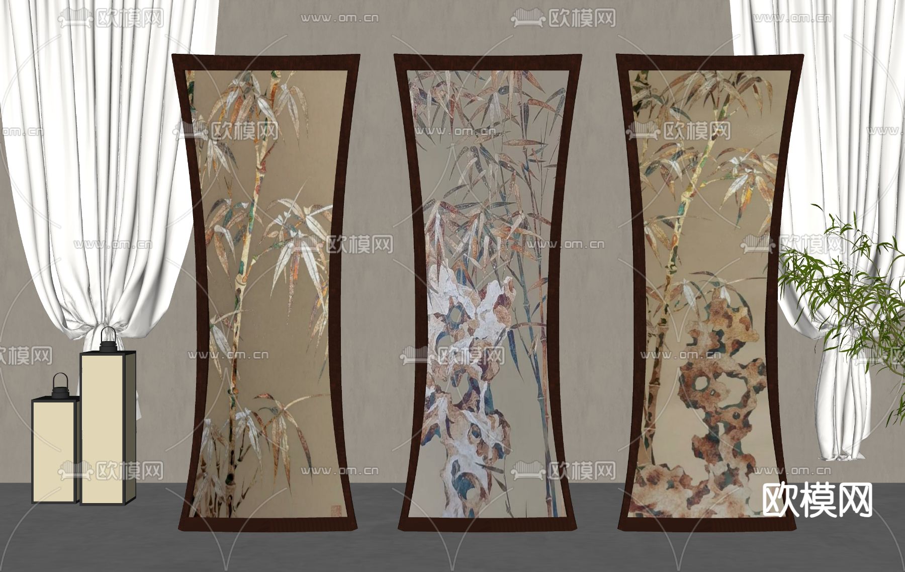 新中式屏风 隔断su模型下载（渲染图2）