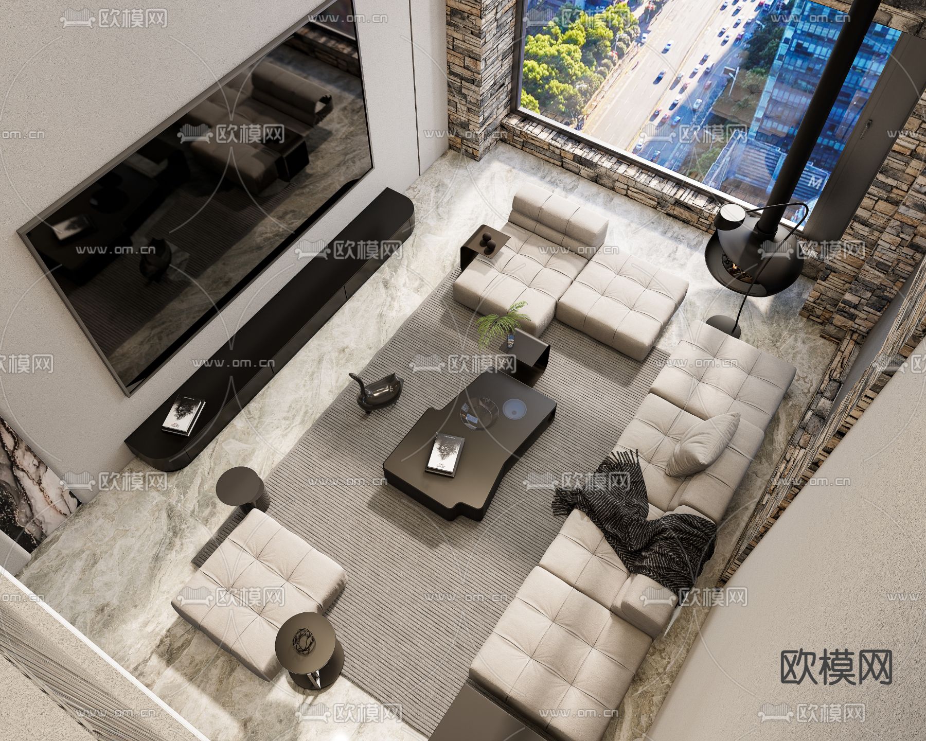 别墅挑空客厅su模型下载（渲染图2）