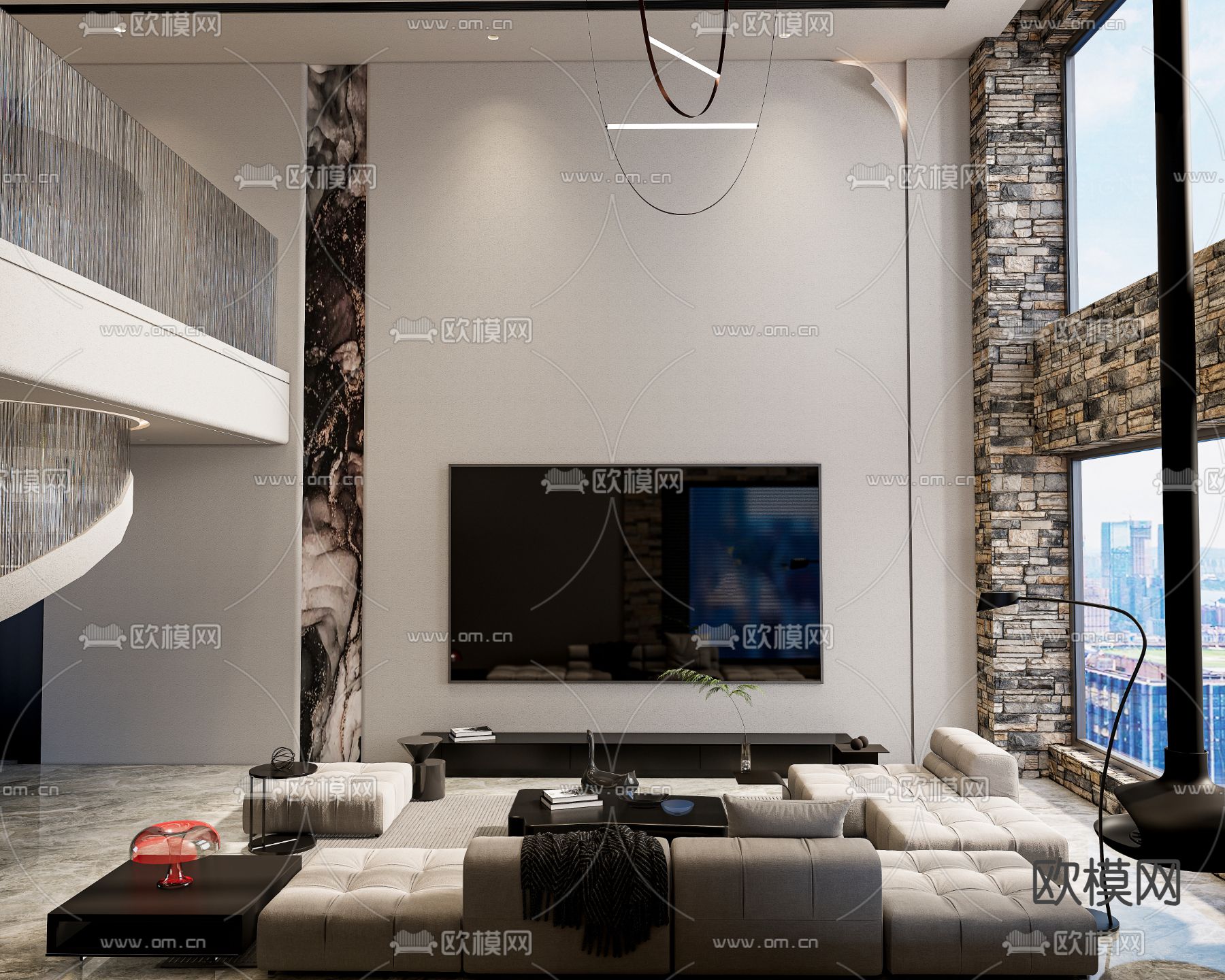 别墅挑空客厅su模型下载（渲染图4）