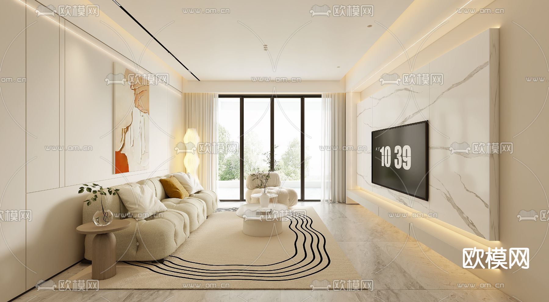 奶油风客厅3d模型下载