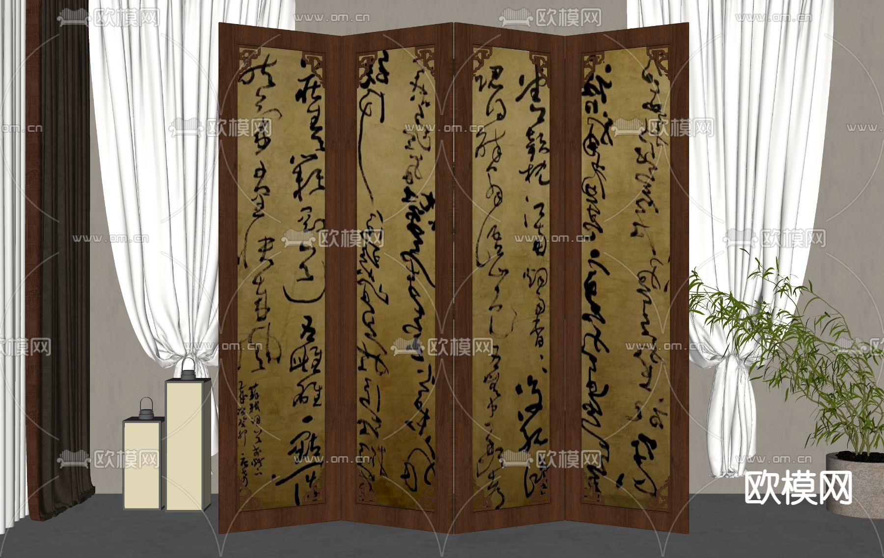 新中式屏风 隔断su模型下载（渲染图2）