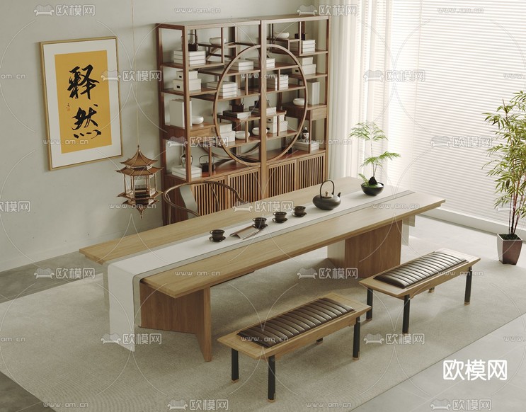 新中式茶桌 茶台3d模型下载(渲染图1)