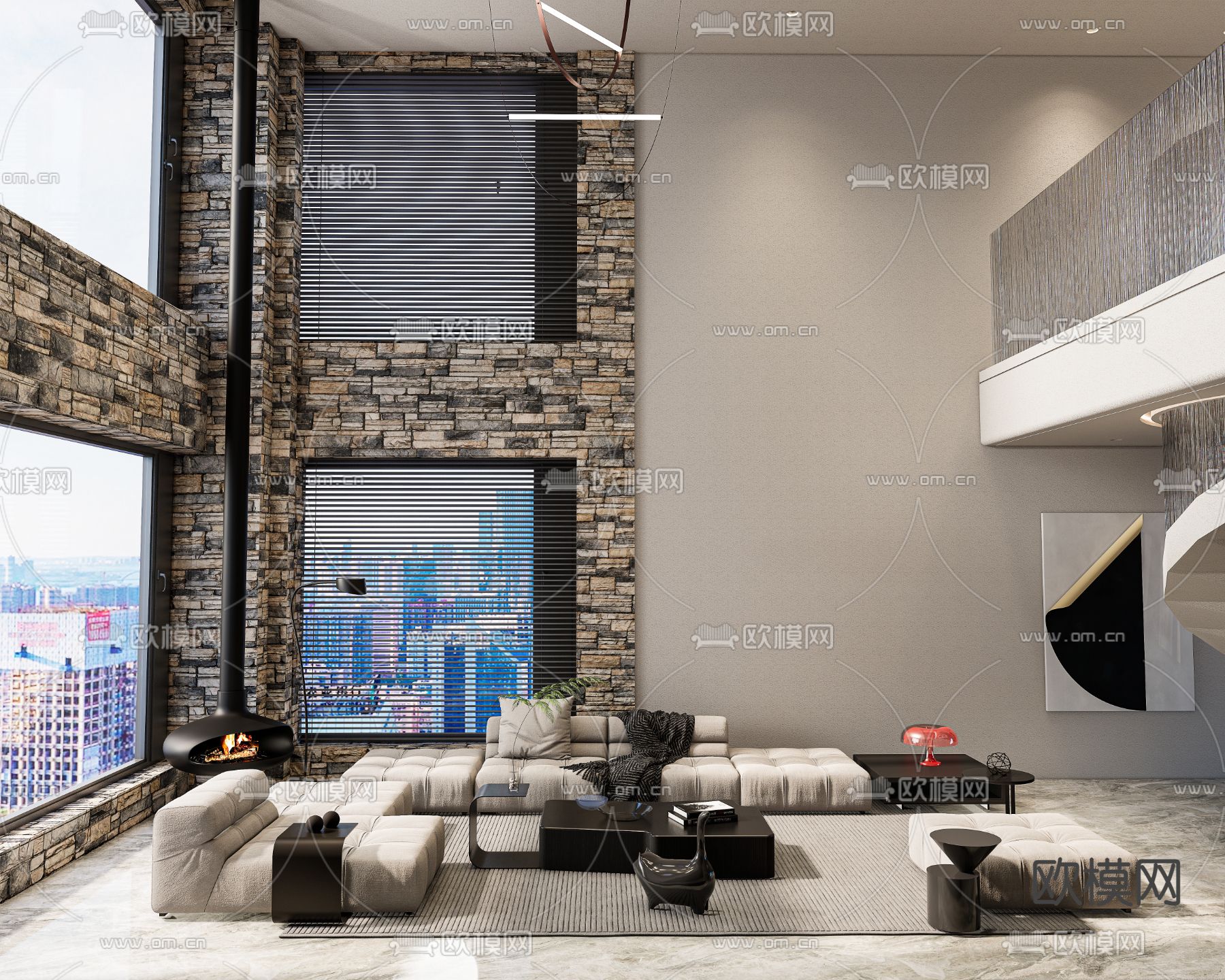 别墅挑空客厅su模型下载（渲染图1）