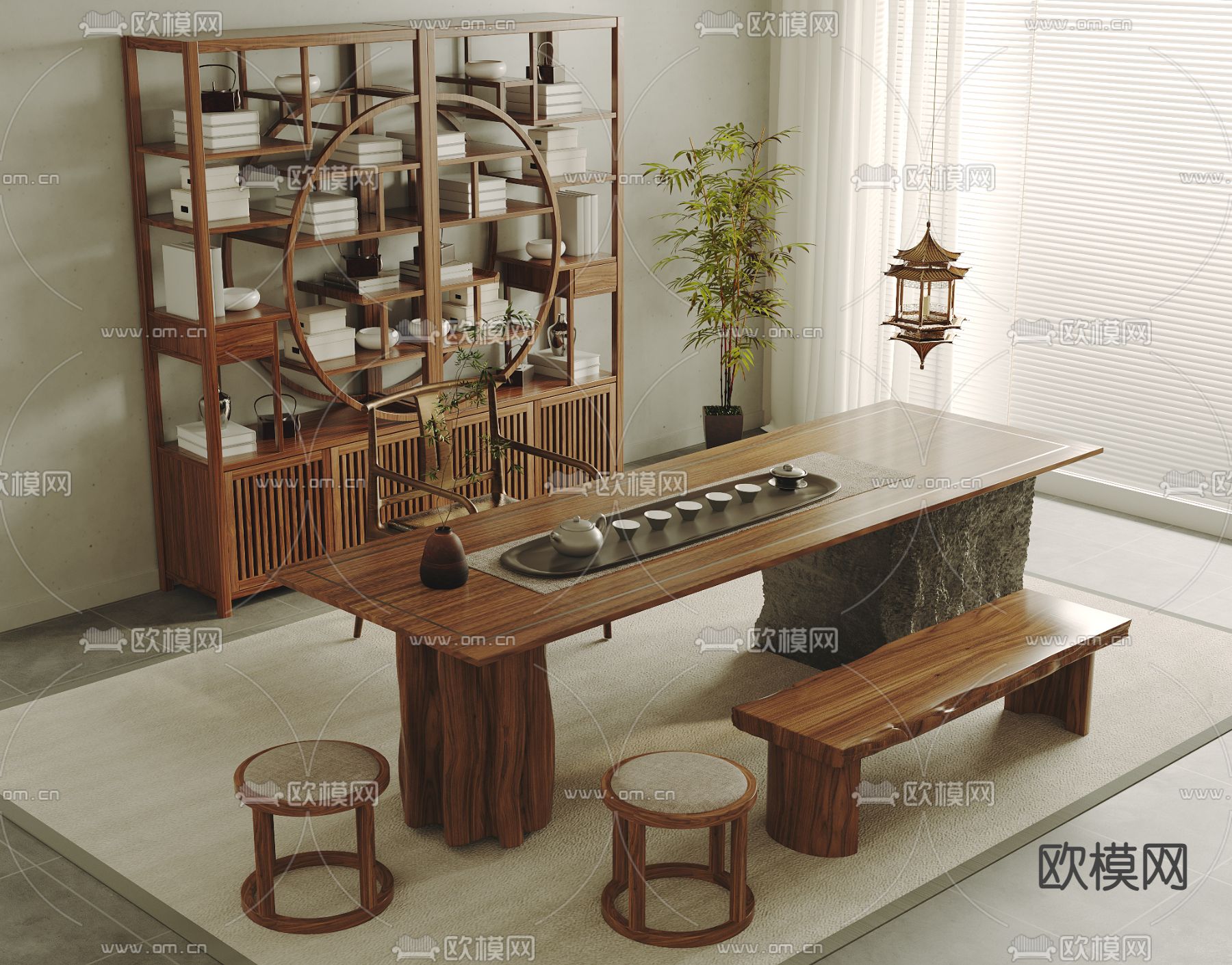 新中式茶桌 茶台3d模型下载（渲染图1）