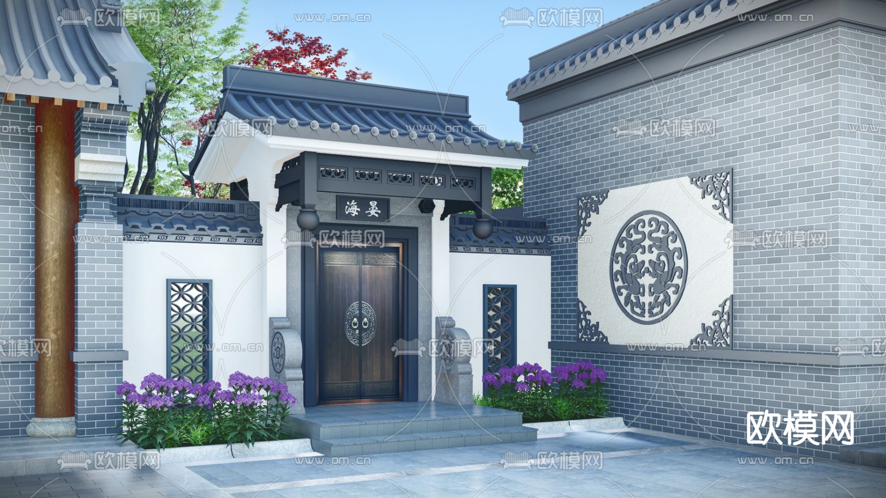 新中式徽派庭院大门su模型下载（渲染图1）