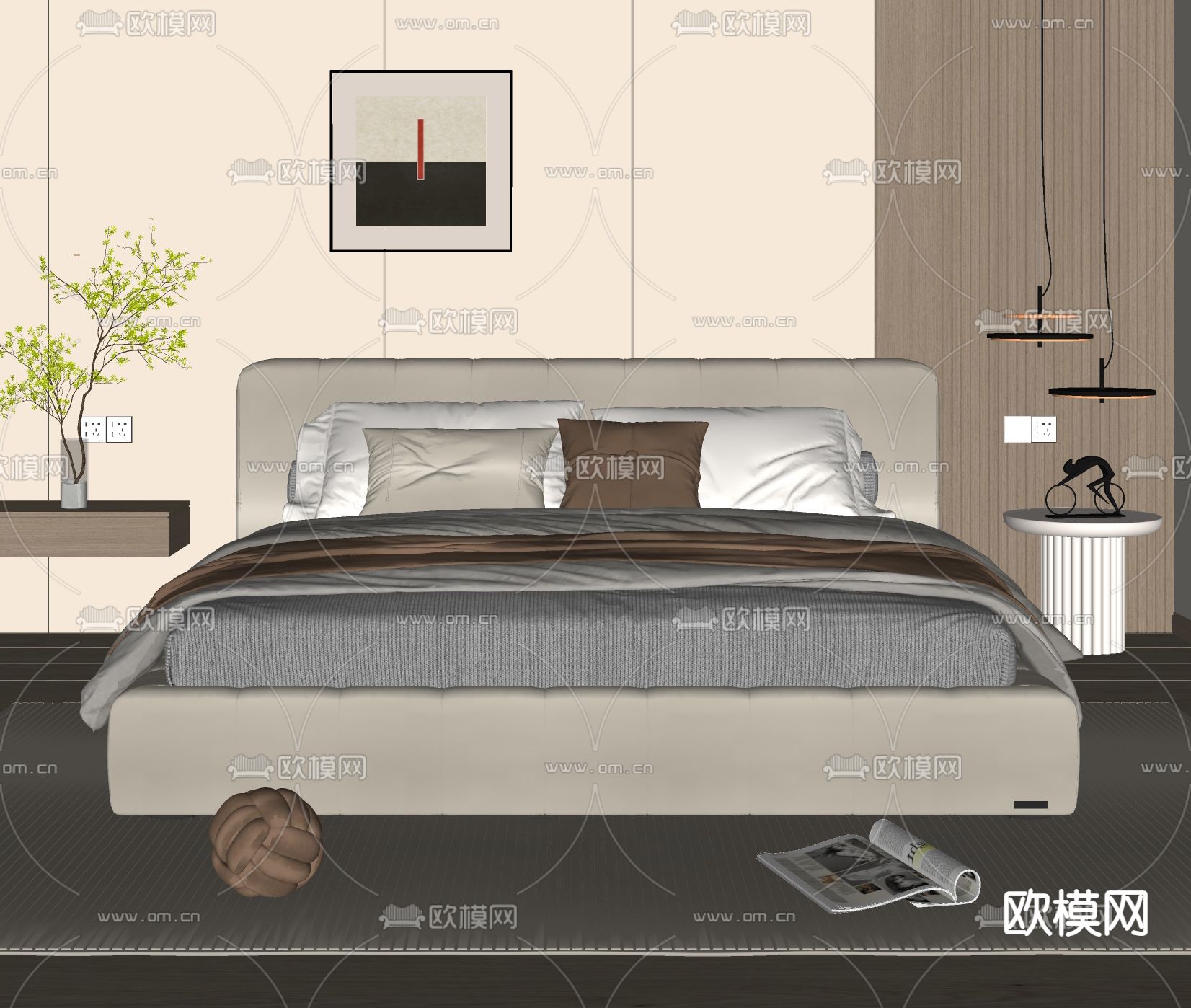 现代双人床su模型下载（渲染图2）