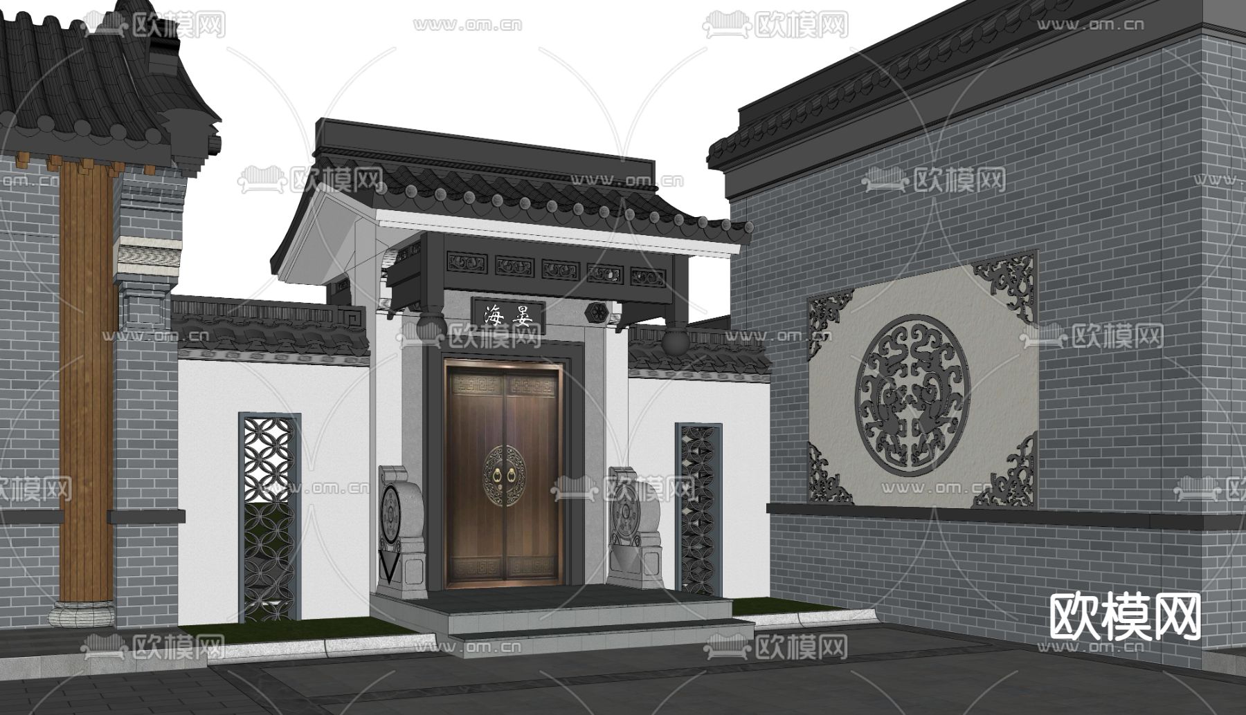 新中式徽派庭院大门su模型下载（渲染图2）
