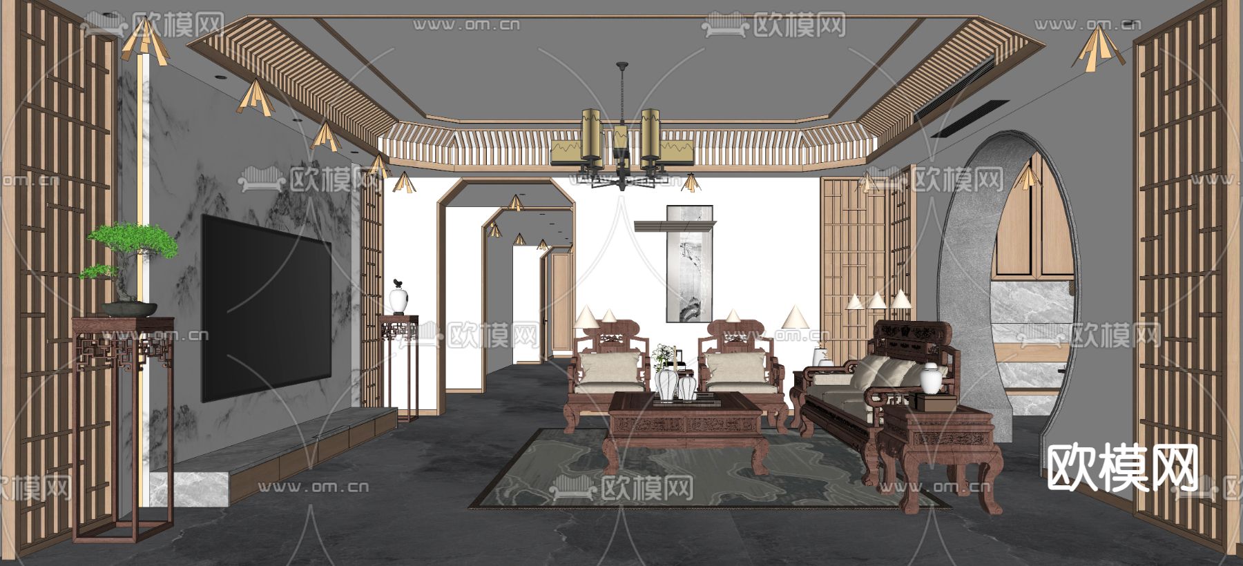 中式客厅su模型下载（渲染图3）
