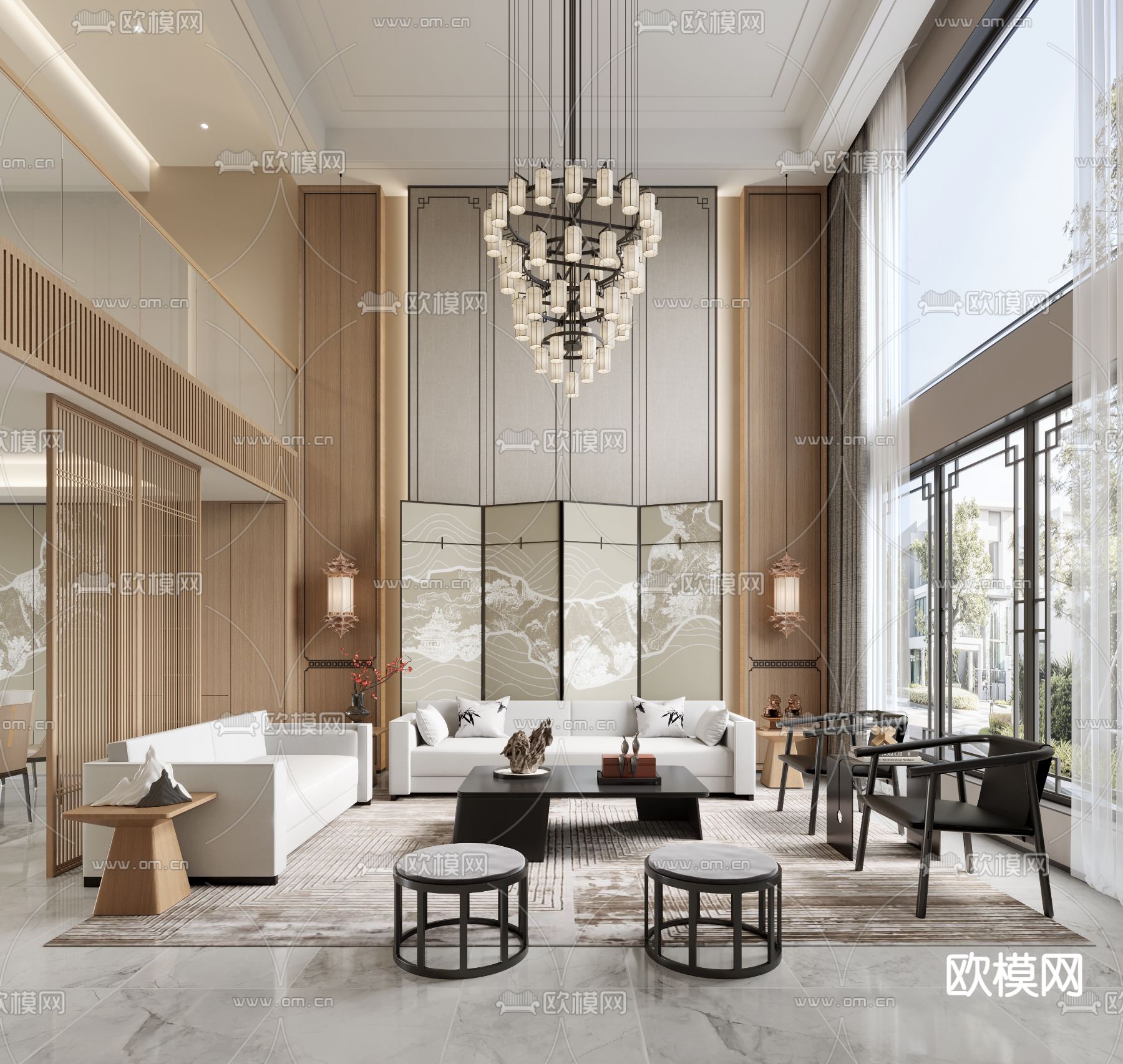 新中式别墅 客厅 别墅大堂3d模型下载