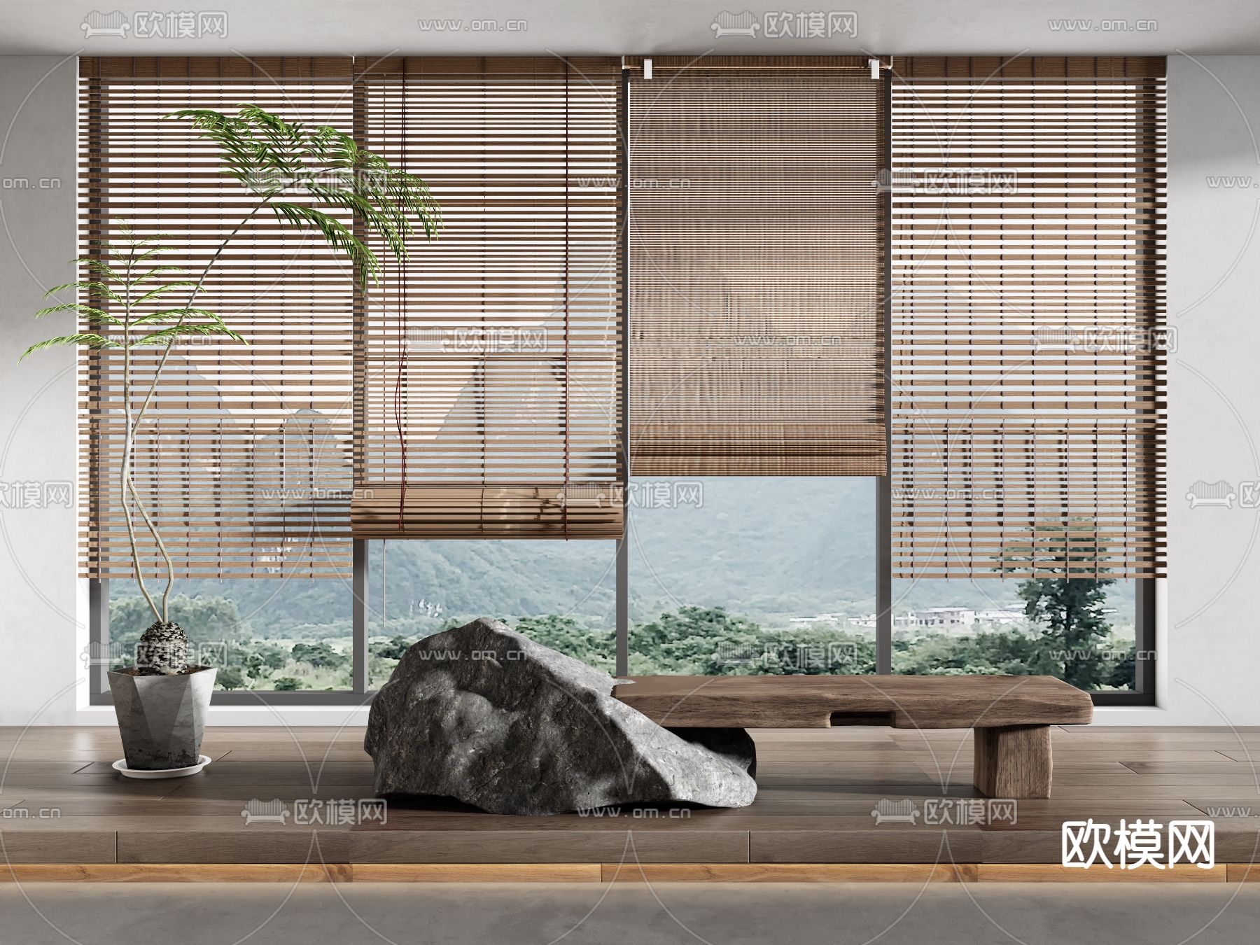 新中式竹帘 卷帘 百叶帘su模型下载（渲染图1）