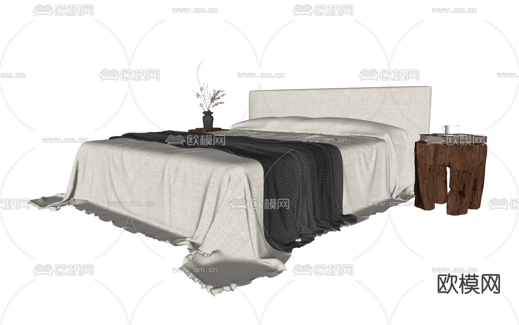 侘寂双人床su模型下载（渲染图2）