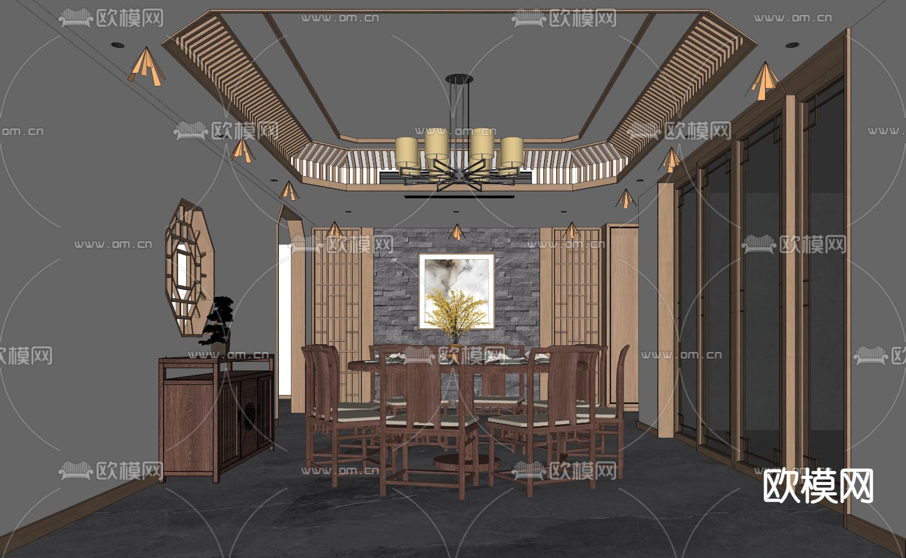 中式餐厅su模型下载（渲染图2）