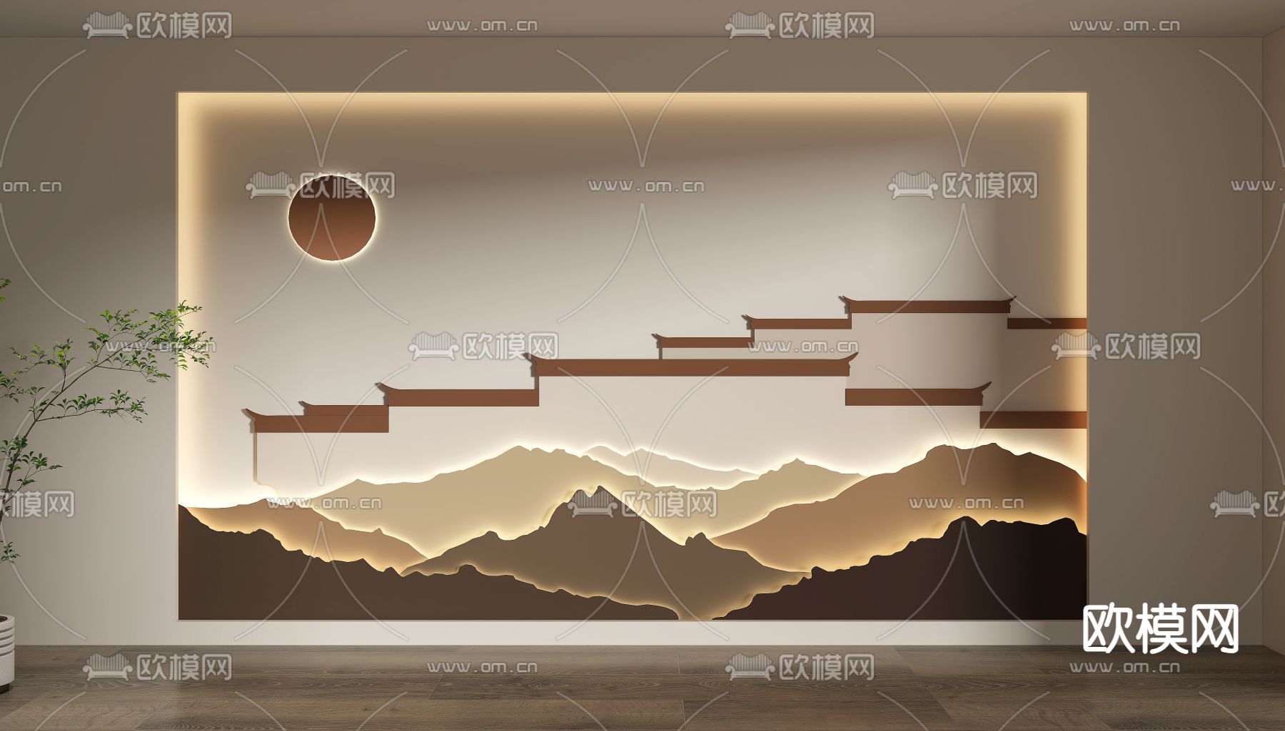 新中式山水背景墙su模型下载（渲染图1）