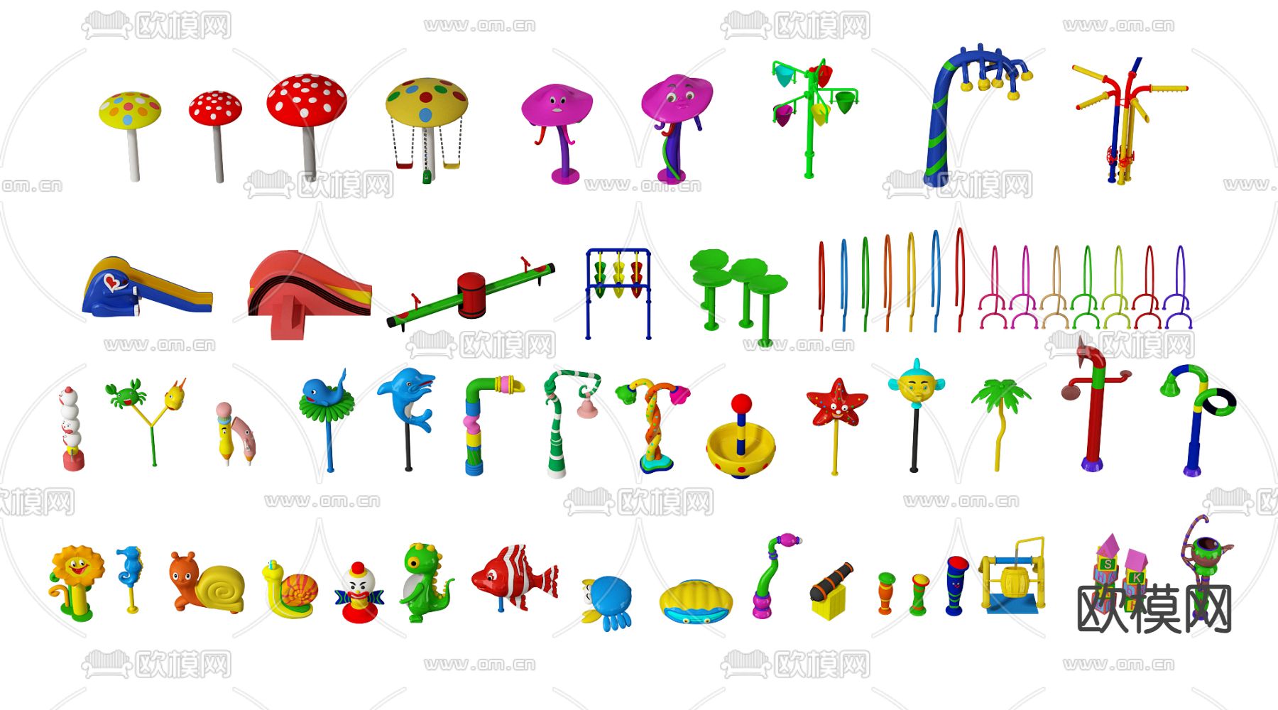 游乐器材 跷跷板 滑梯 秋千3d模型下载（渲染图1）